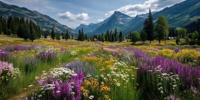 Vibrant wildflower meadow under the mountains on a sunny day photo