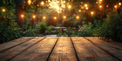 Inviting garden setting at dusk with warm lights illuminating a wooden table and lush greenery in the background photo