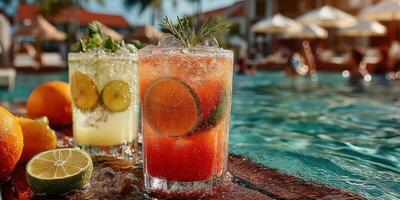 Refreshing summer cocktails beside a sparkling pool at a tropical resort during sunset photo