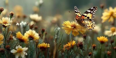 Colorful butterfly resting on vibrant yellow flowers in a serene garden during a sunny afternoon photo