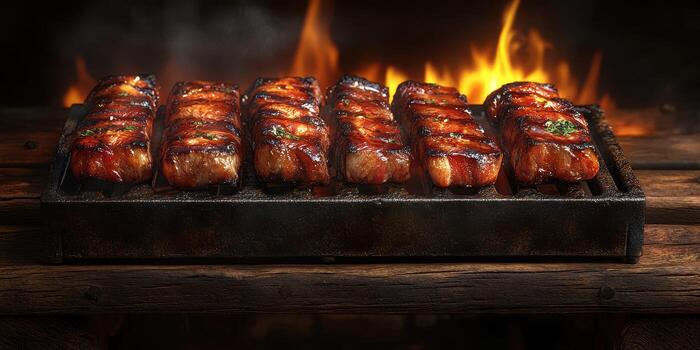 Grilled meat preparation over an open flame in a rustic setting during evening hours photo
