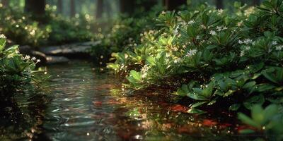 Tranquil stream surrounded by lush greenery and delicate flowers in a serene forest setting at dawn photo
