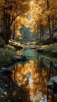 Autumn landscape with golden leaves reflecting in a serene river surrounded by rocks and greenery photo
