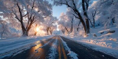 Winter road lined with frost-covered trees during sunrise creating a serene landscape photo