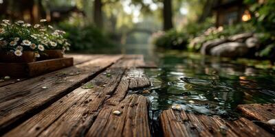 Water reflects greenery and flowers near a wooden walkway at a serene riverside location during a sunny afternoon photo