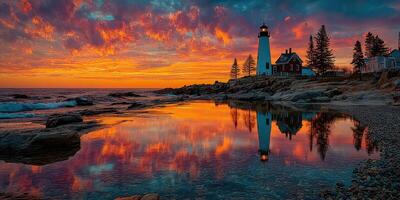 Vibrant sunset casts colorful reflections at a coastal lighthouse near calm waters photo