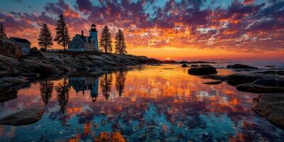 Lighthouse at sunset reflects vibrant colors in calm waters by the coast photo