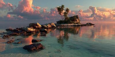 Sunset view over a serene tropical island with palm trees and rocky shores in calm waters photo