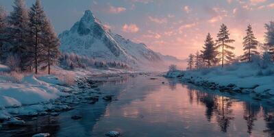 Serene winter landscape with snow-covered mountains and a tranquil river at sunset photo