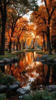 Golden autumn light reflecting off a serene pond surrounded by vibrant trees in a peaceful park setting photo