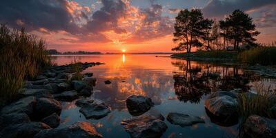 Stunning sunset over calm lake surrounded by trees and rocks, capturing the beauty of nature during golden hour photo
