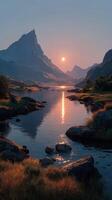 Tranquil sunset over serene lake reflecting mountains in the distance photo