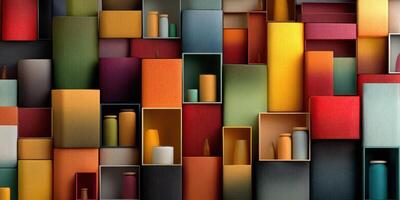 Colorful arrangement of boxes and containers in various shapes and sizes creating a vibrant wall display photo