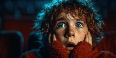 Child expresses fear while watching a suspenseful film in a crowded theater during the evening hours photo
