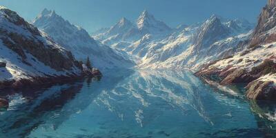 Majestic mountain landscape reflecting in a serene lake during a bright, clear day photo