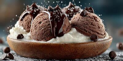 Delicious chocolate ice cream served in a wooden bowl with whipped cream and chocolate drizzle photo