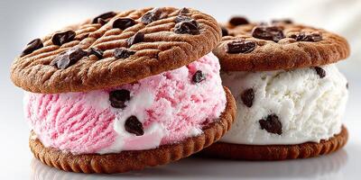 Delicious ice cream sandwiches featuring chocolate chip cookies and colorful ice cream during a summer day photo
