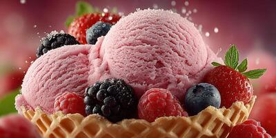 Delicious berry ice cream served in a crispy waffle cone with fresh fruit topping during summer picnic photo