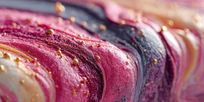 Swirls of vibrant colors create an artistic pattern in a close-up view of smooth texture and golden accents photo