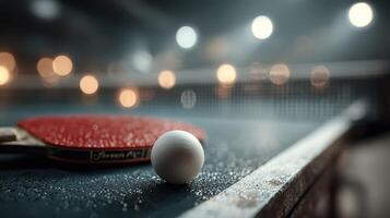 Close-up of a dripping wet table tennis paddle and ball on a sports table in a dimly lit indoor venue photo