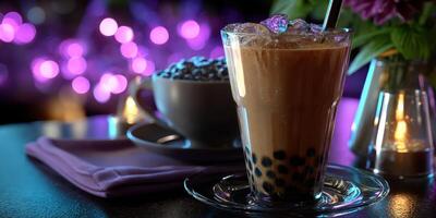 Refreshing bubble tea served in a tall glass with ice and tapioca pearls against a vibrant purple background photo