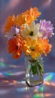 Colorful bouquet of flowers in a glass jar with a dreamy background and soft lighting photo