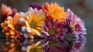 Vibrant display of colorful daisies reflecting on a smooth surface in a soft light setting photo