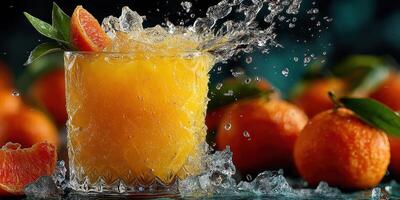 Refreshing citrus drink with splashing water among fresh tangerines on a vibrant blue backdrop photo