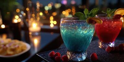 Colorful cocktails on a table with garnishes amidst soft lighting at a rooftop bar in the evening photo