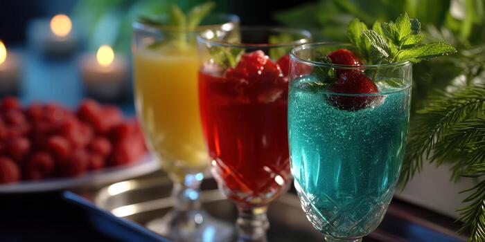Colorful drinks on a tray with fresh mint and fruits in a vibrant setting during an evening gathering photo
