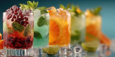 Refreshing summer cocktails arranged beautifully with vibrant colors and fresh garnishes on a cool blue background photo
