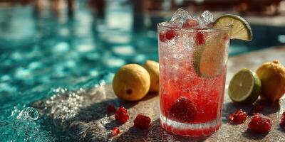 Refreshing fruity beverage garnished with lime and raspberries beside sparkling pool water during a sunny day photo