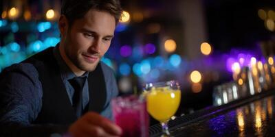 Bartender prepares colorful cocktails in vibrant bar setting during evening hours photo