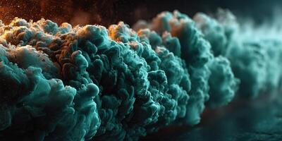 Vibrant turquoise clouds swirl dynamically against a dark backdrop during a vivid display of color and texture photo