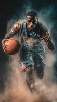Highly skilled basketball player dribbles the ball through a cloud of dust during an intense game photo