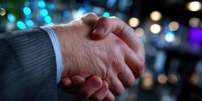 Business professionals engage in a firm handshake at a networking event in an elegantly lit venue during the evening hours photo
