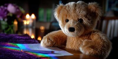 Teddy bear writing a letter on a wooden table with candles and flowers in the background photo