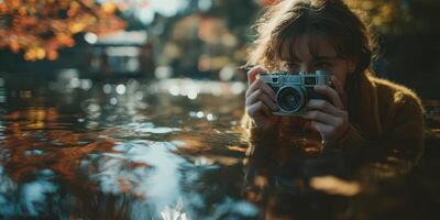 Girl takes a vintage camera photograph while wading in a tranquil forest pond surrounded by autumn foliage photo