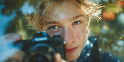 Young photographer capturing moments with a camera in a vibrant outdoor setting during daytime photo