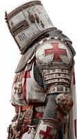 Detailed representation of a medieval knight in armor with heraldic symbols in a studio setting photo