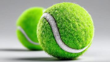 Bright green tennis balls resting on a smooth surface, showcasing their textured detail and vibrant color photo