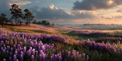 Colorful wildflower field at sunset with vibrant blooms and rolling hills in soft light photo