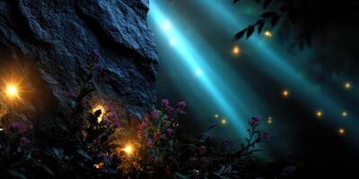 Enchanted forest at night with glowing lights illuminating flowers and rocks photo