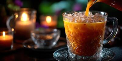 Refreshing iced beverage served in a glass with ice, illuminated by candlelight during a cozy evening gathering photo