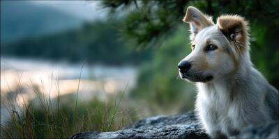 Dog sitting on a rock in a lush mountainous landscape during the late afternoon light near a shimmering lake photo