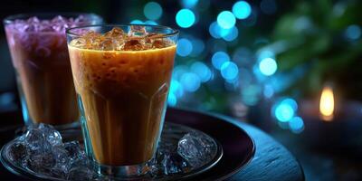 Delicious iced beverages served with ice on a tray against a sparkling illuminated background photo