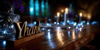 Elegant table setting with ambient lighting and decorative elements in a cozy indoor space photo