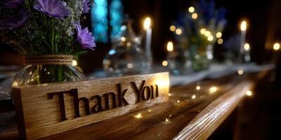Elegant table setting with thank you sign and flowers for special occasion in dimly lit venue photo