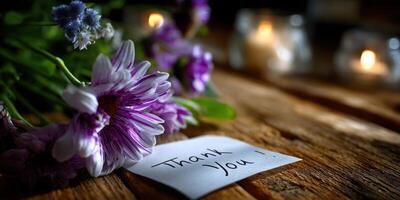 Beautiful flowers with a handwritten thank you note lit by soft candlelight on a rustic wooden table photo