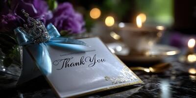 Elegant thank you card with crown decoration placed on a marble table alongside tea and flowers in soft candlelight ambiance photo